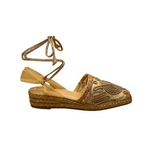 Stuart Weitzman Women’s Brown Embroidered Espadrille Lace-Up Satin Flats Size 7